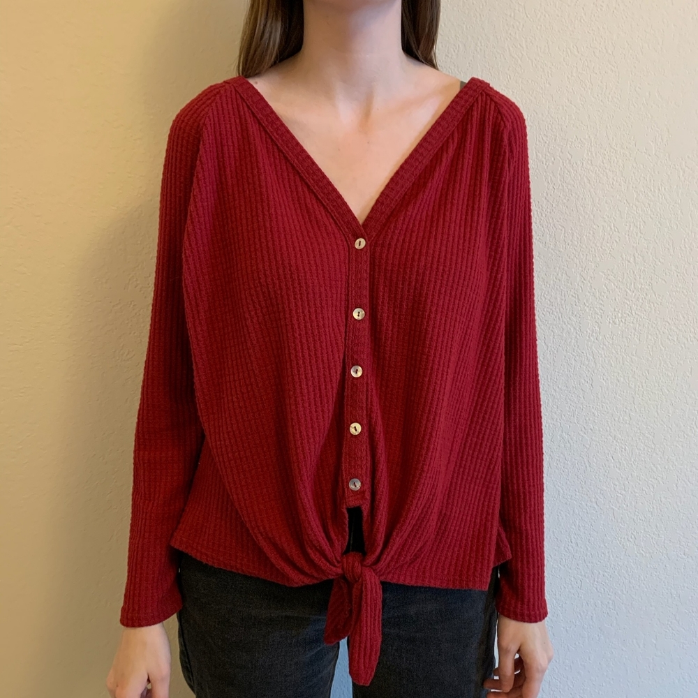 Long sleeve waffle knit button front tie up